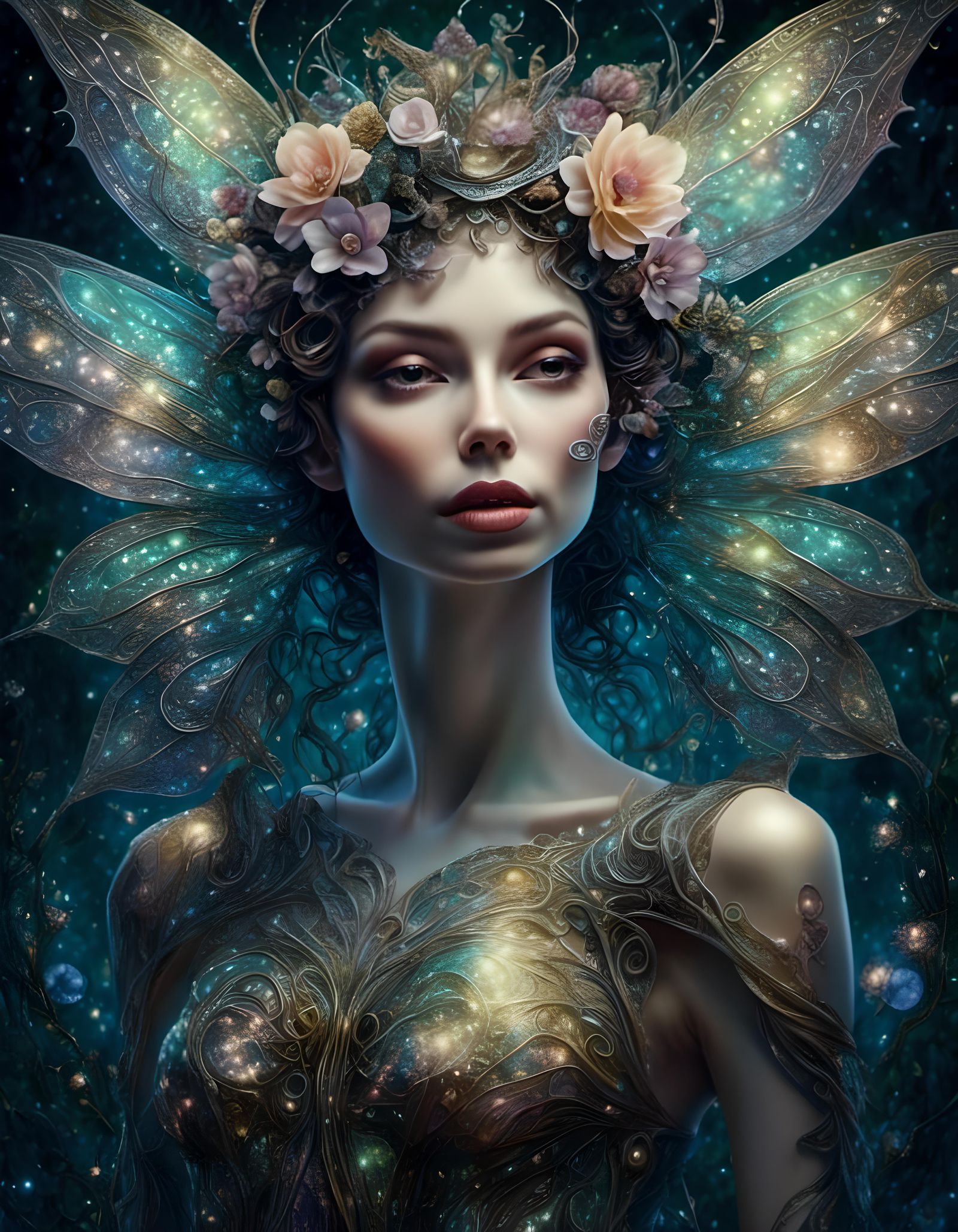 Iridescent Gothic Pixie on Bioluminescent Flower