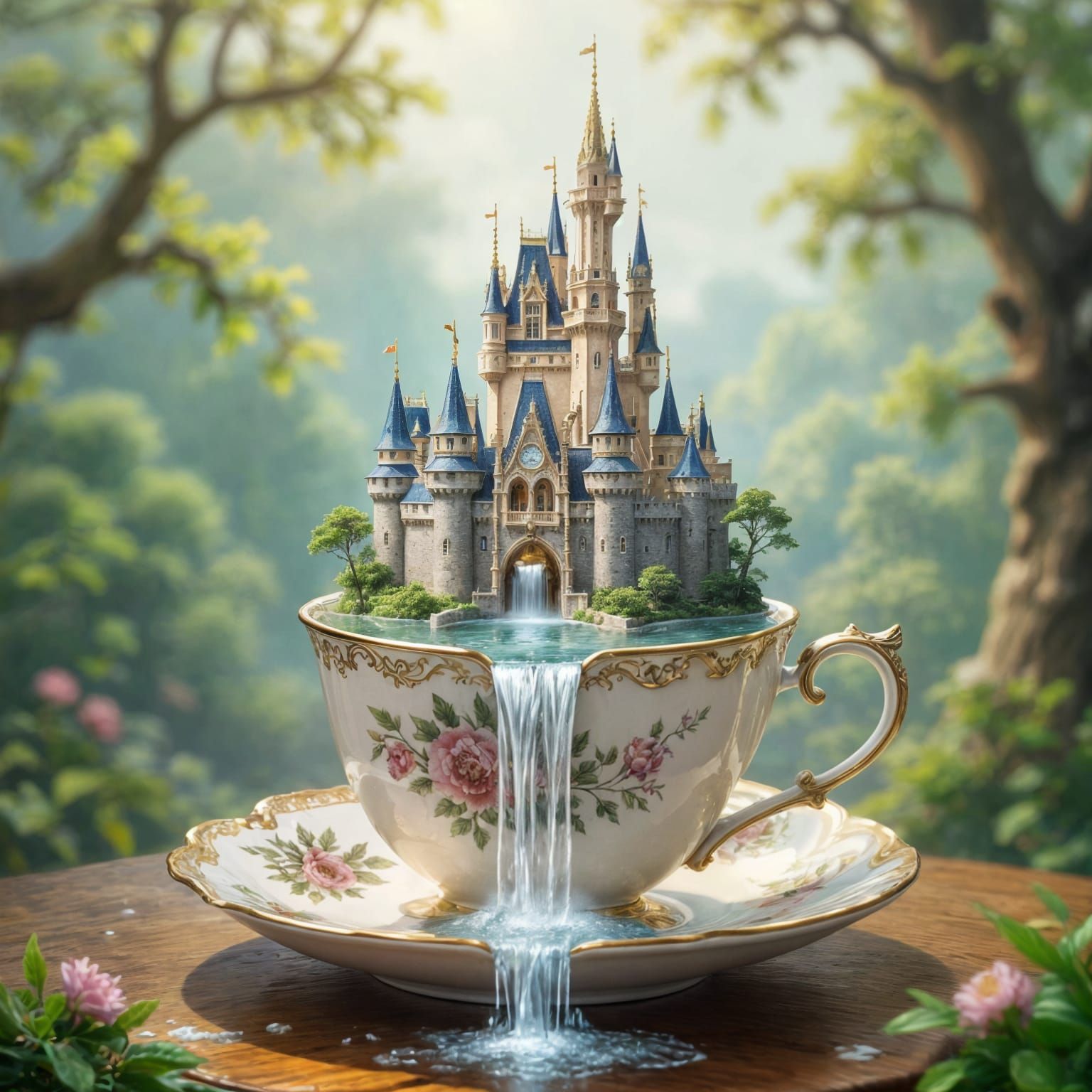Fairytale Castle Waterfall Flowing from Teacup