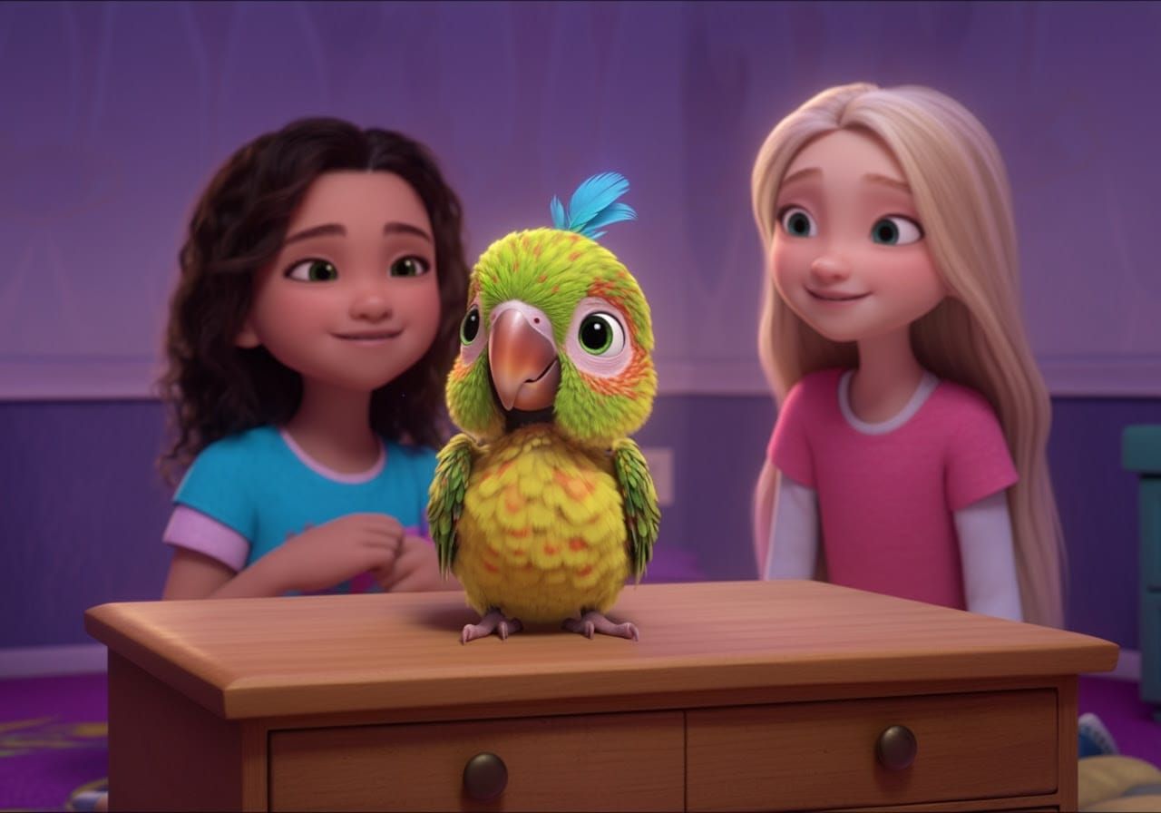 Vibrant CGI Scene of Girl and Parrot in Whimsical Room