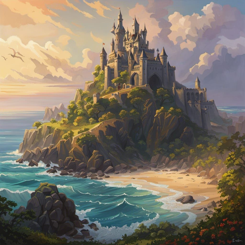 Fantasy Castle by the Sea in Painterly Style