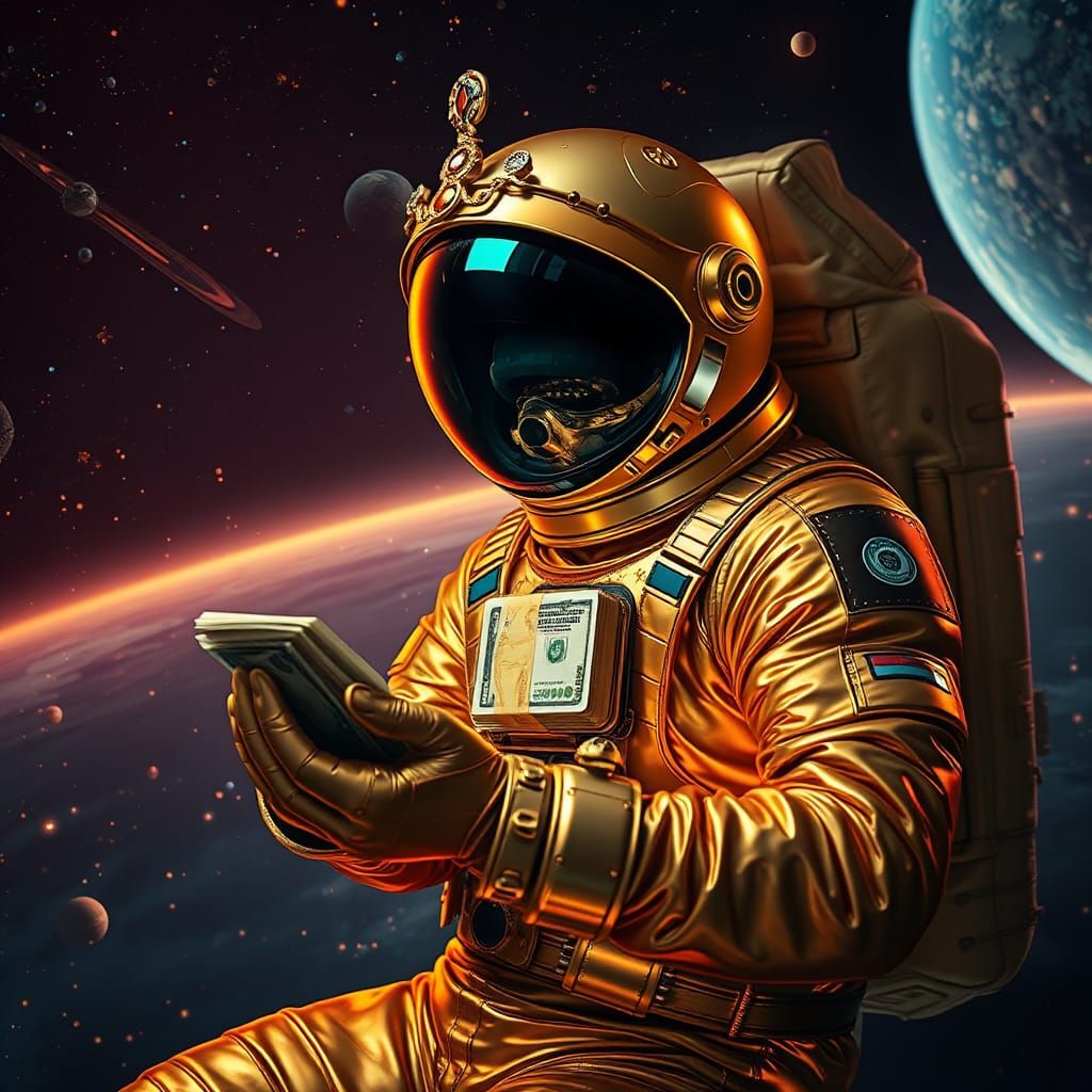 Astronaut Counts Money in Golden Spacesuit