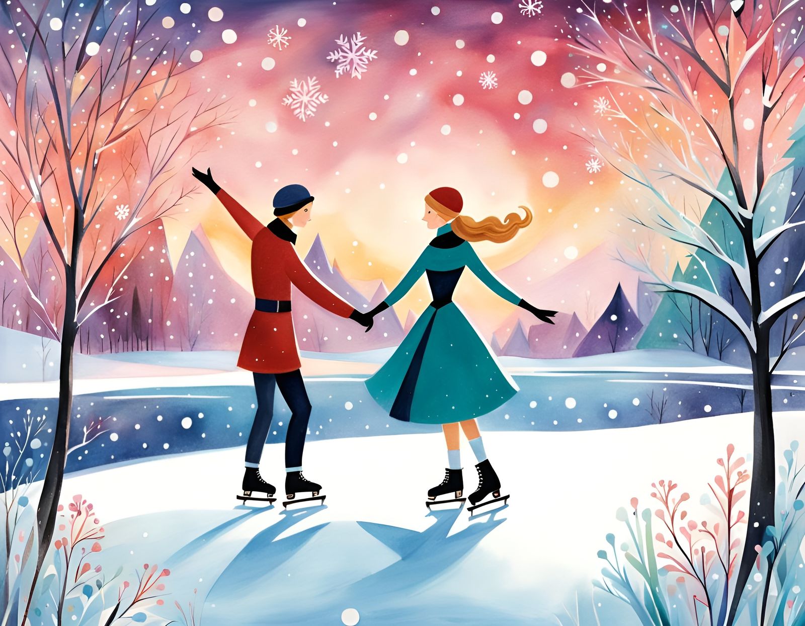 Ice Skating Scene in Pastel Watercolor Style