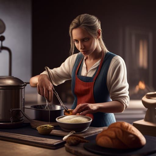 Woman Baking in Kitchen: Detailed Matte Painting