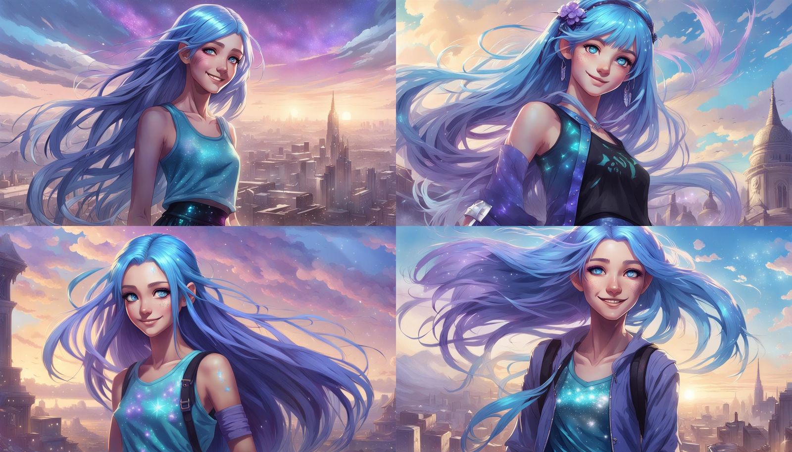 Anime Girl Portrait with Blue Hair, Digital Art