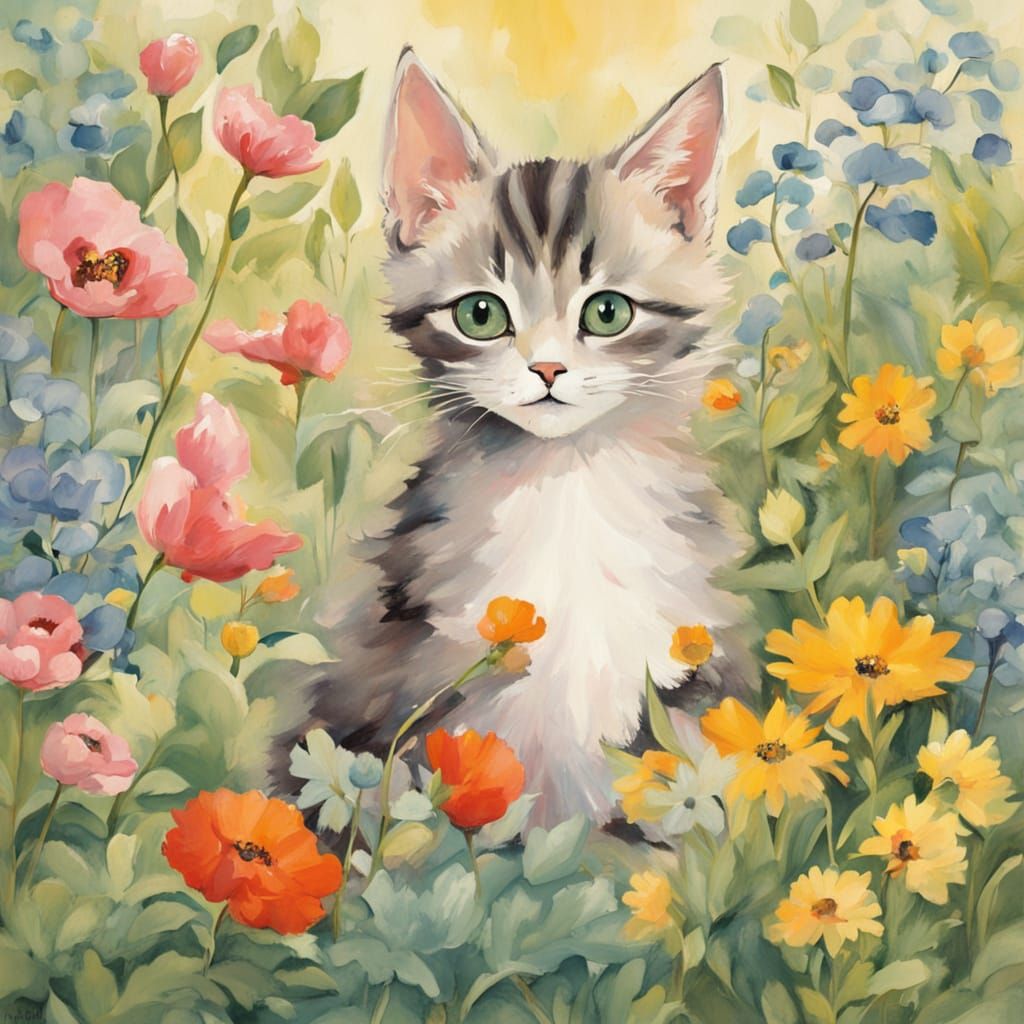 Whimsical Kitten and Puppy Play in Sunny Garden