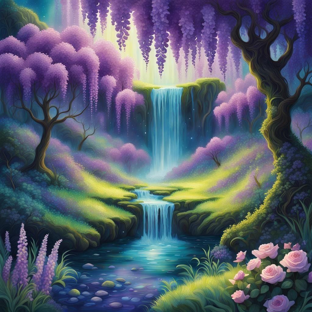 Lush Secret Garden with Mystic Waterfall