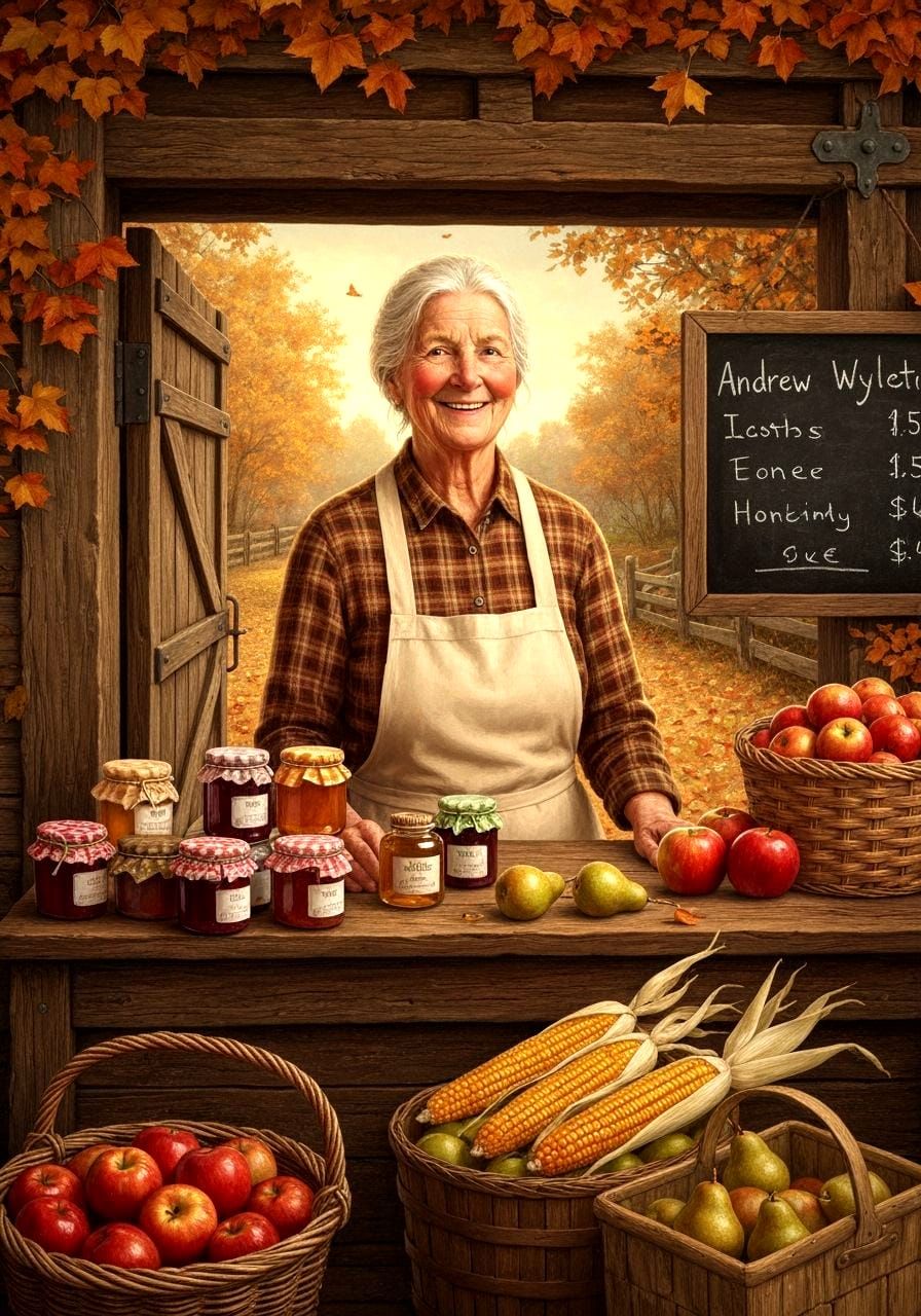 Elderly Lady at Rustic Autumn Farm Stall