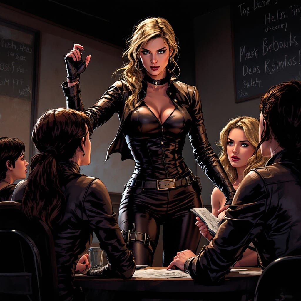 Strict Teacher in Leather Outfit, Comic Book Art