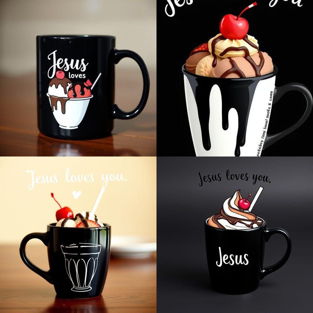 Black Coffee Mug with Ice Cream Illustration