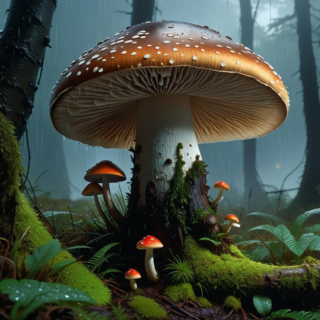 Magical Mushrooms in Rain: Detailed Matte Painting