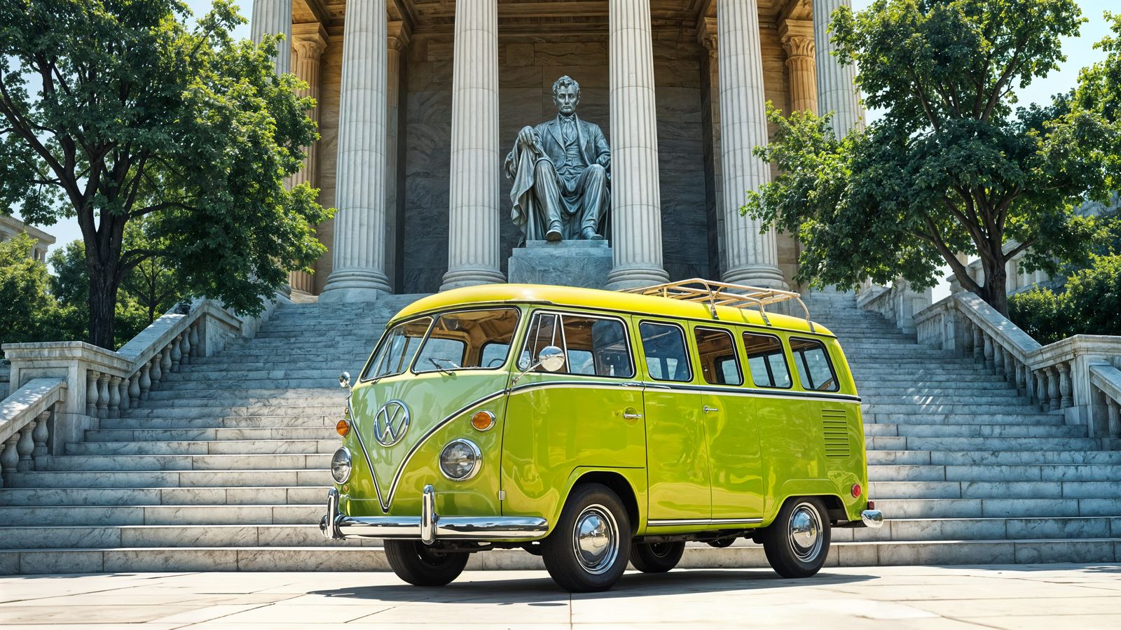Volkswagen Microbus at Lincoln Memorial in Glitch Art Style