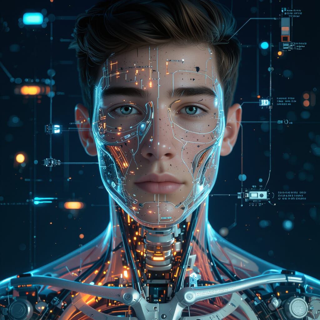 Biomechanical Man with Transparent Skin, Futuristic Realism