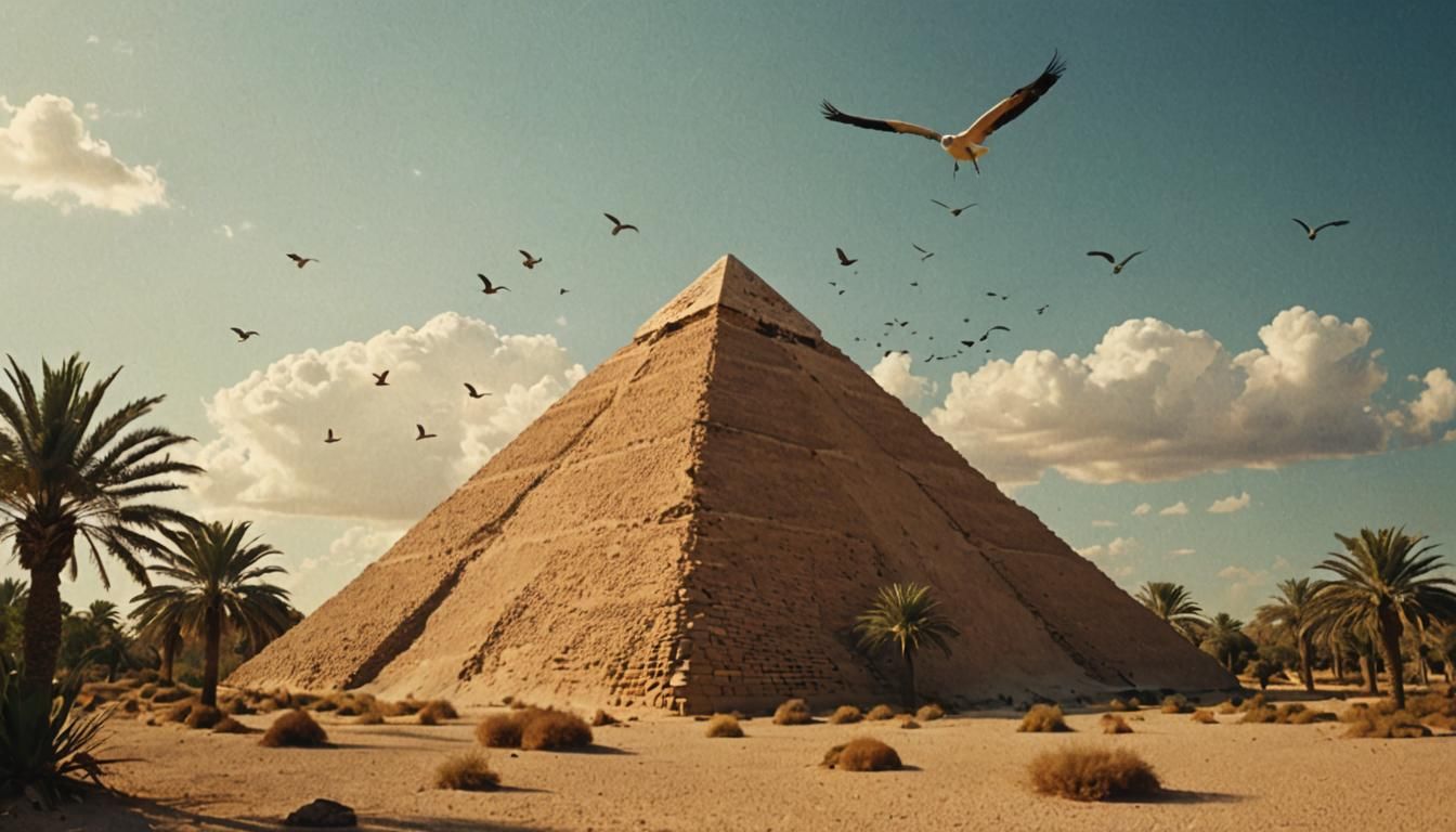 Oasis Pyramid with Ibis: Cinematic Film Still