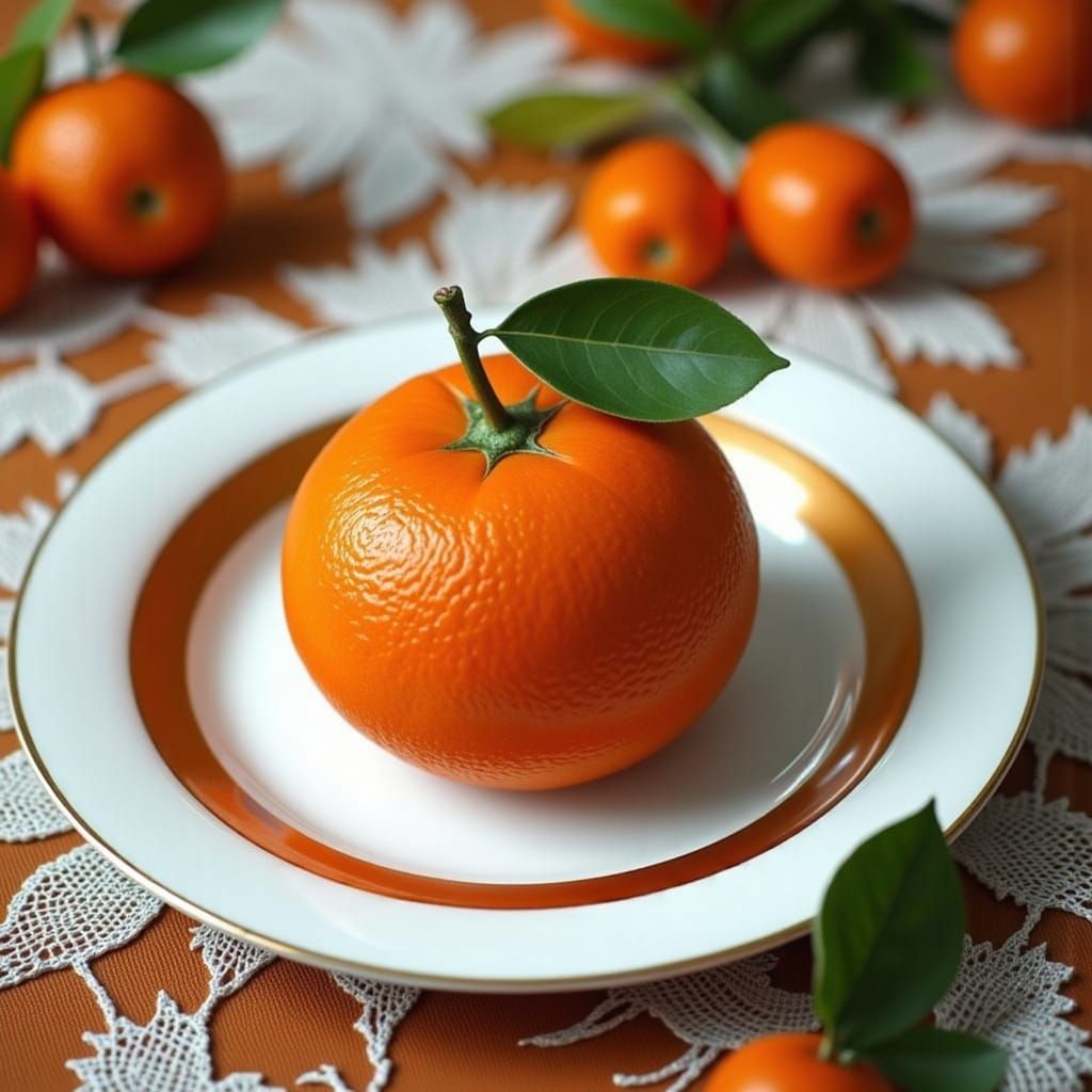 Candied Orange on Lace Tablecloth in Minimalist Style
