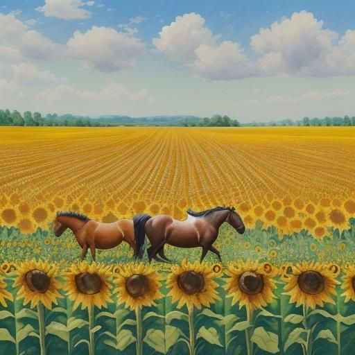 Horses in Sunflower Field: Gouache Impressionist Painting