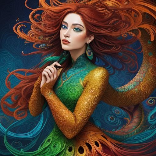 Dragon Woman with Peacock Feathers in Abstract Expressionism