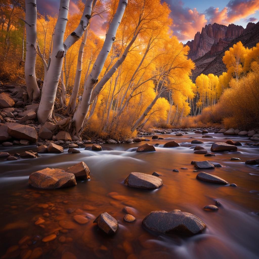 Desert Canyon River at Sunrise with Autumn Aspens