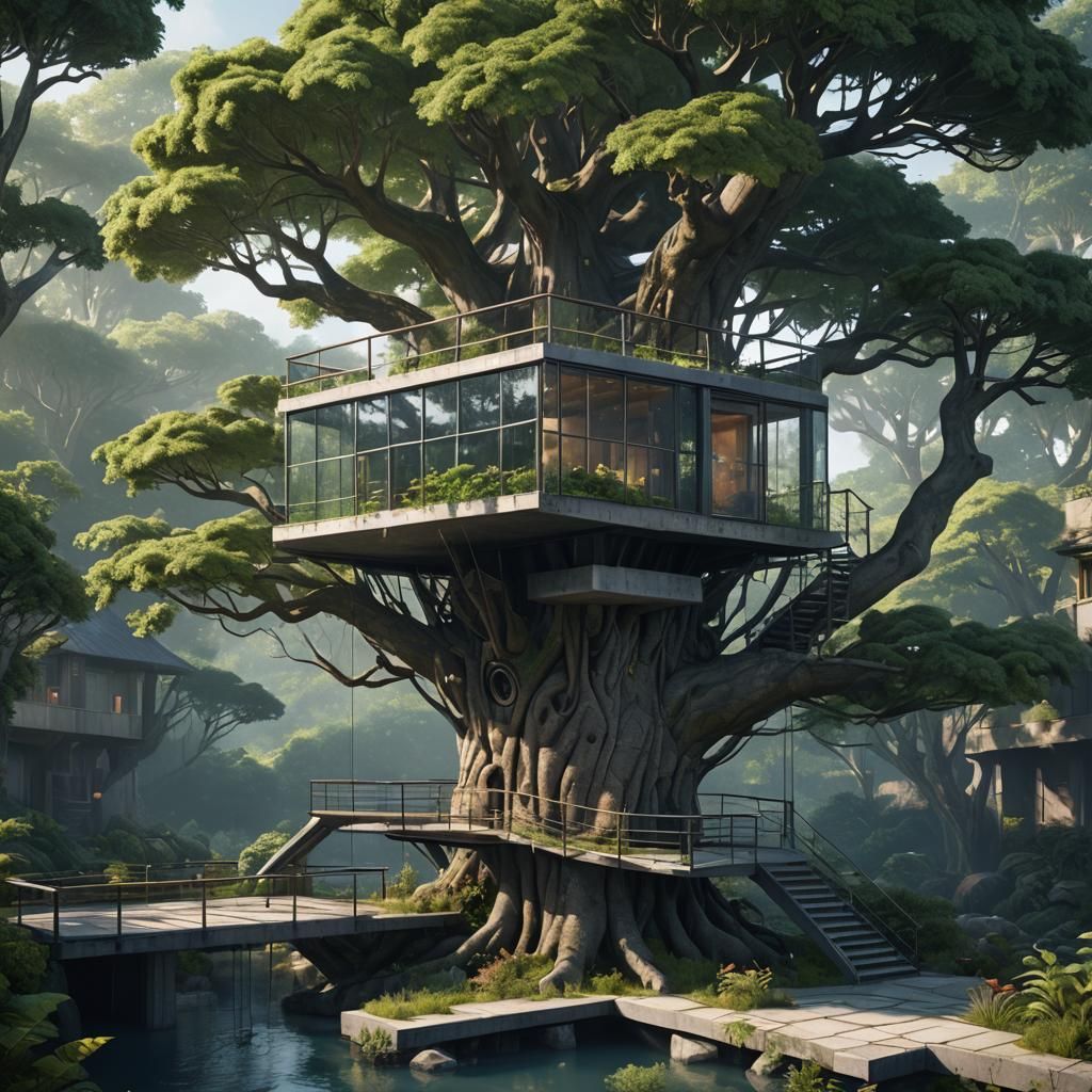 Modernist Treehouse in Detailed Matte Painting Style