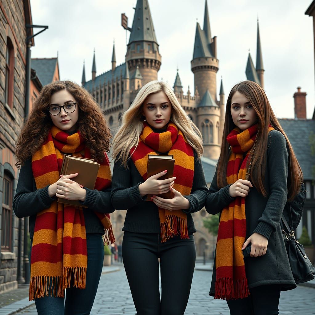 Magical Teenage Girls Stand Before Hogwarts Castle