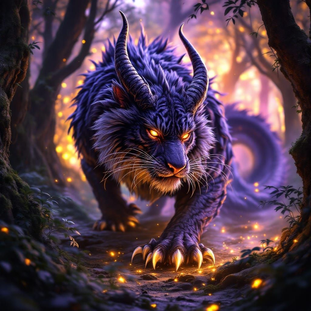 Mystical Dark Forest Dragon-Tiger Hybrid in Cyberpunk Lighti...