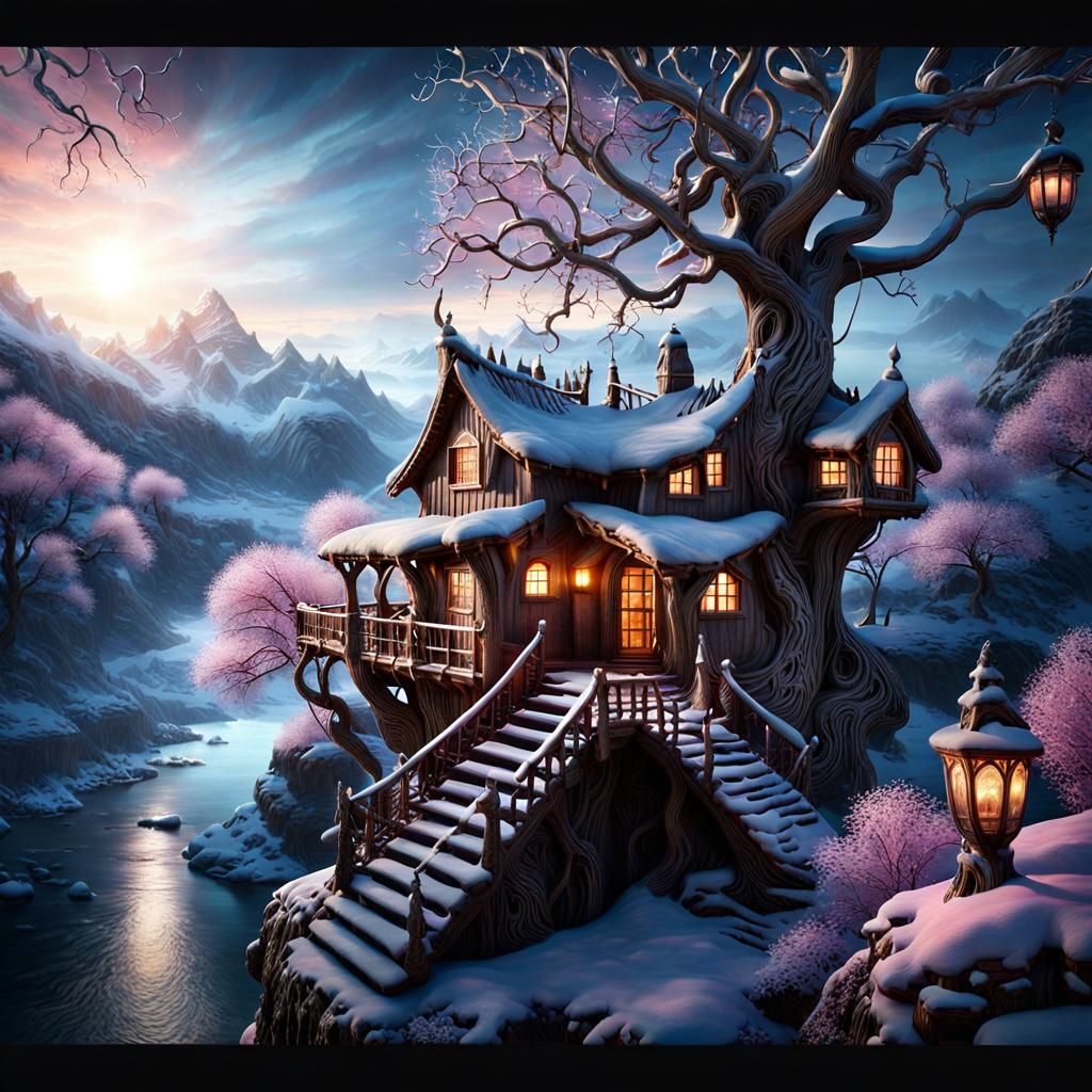 Majestic World Tree with Viking Treehouses in Graffiti Art