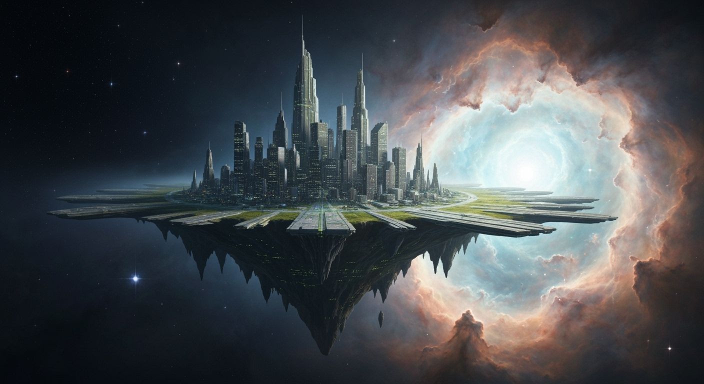 Futuristic Island City Approaches Carina Nebula in Deep Spac...