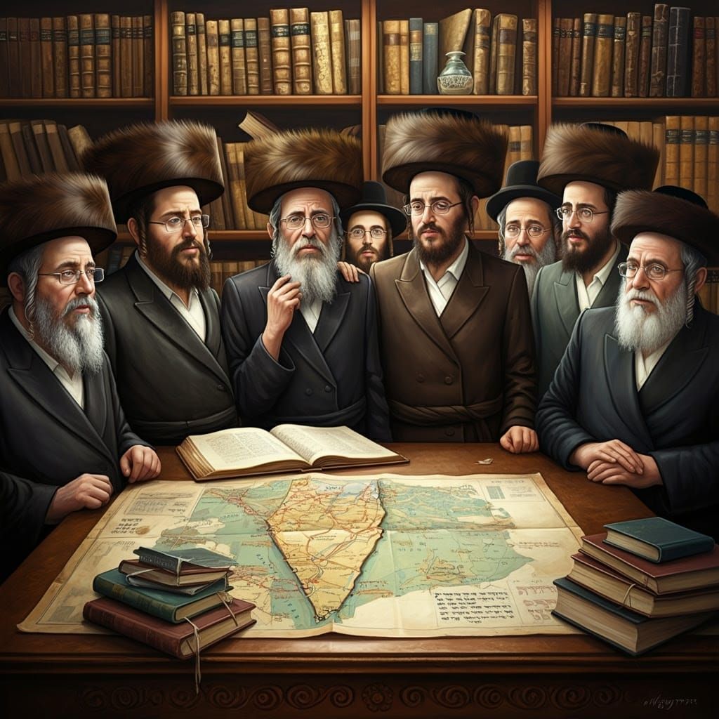 Orthodox Men Contemplate Ancient Israel Map in Traditional S...