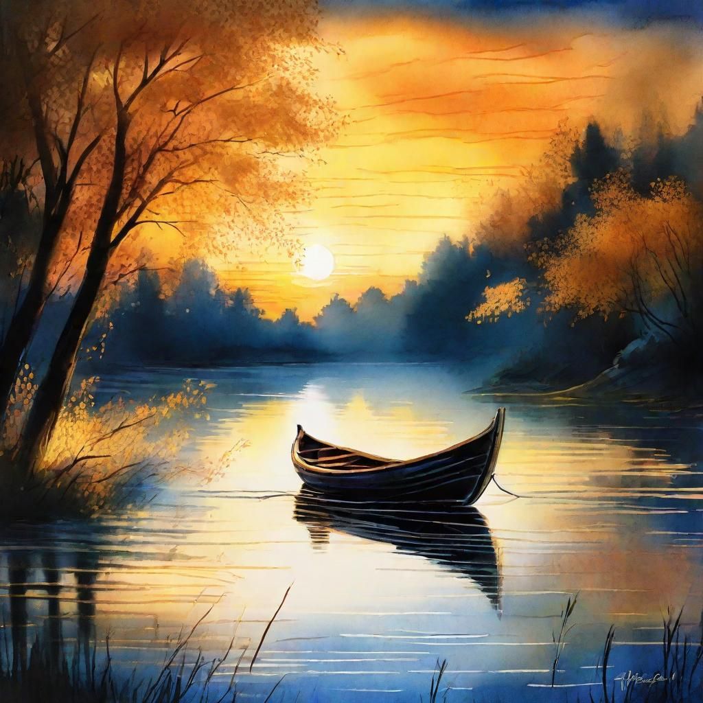 Night Lake Reflecting Figure in Watercolor Style