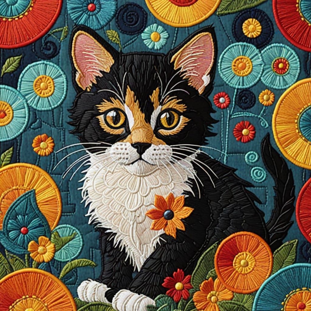 Patchwork embroidered kitten