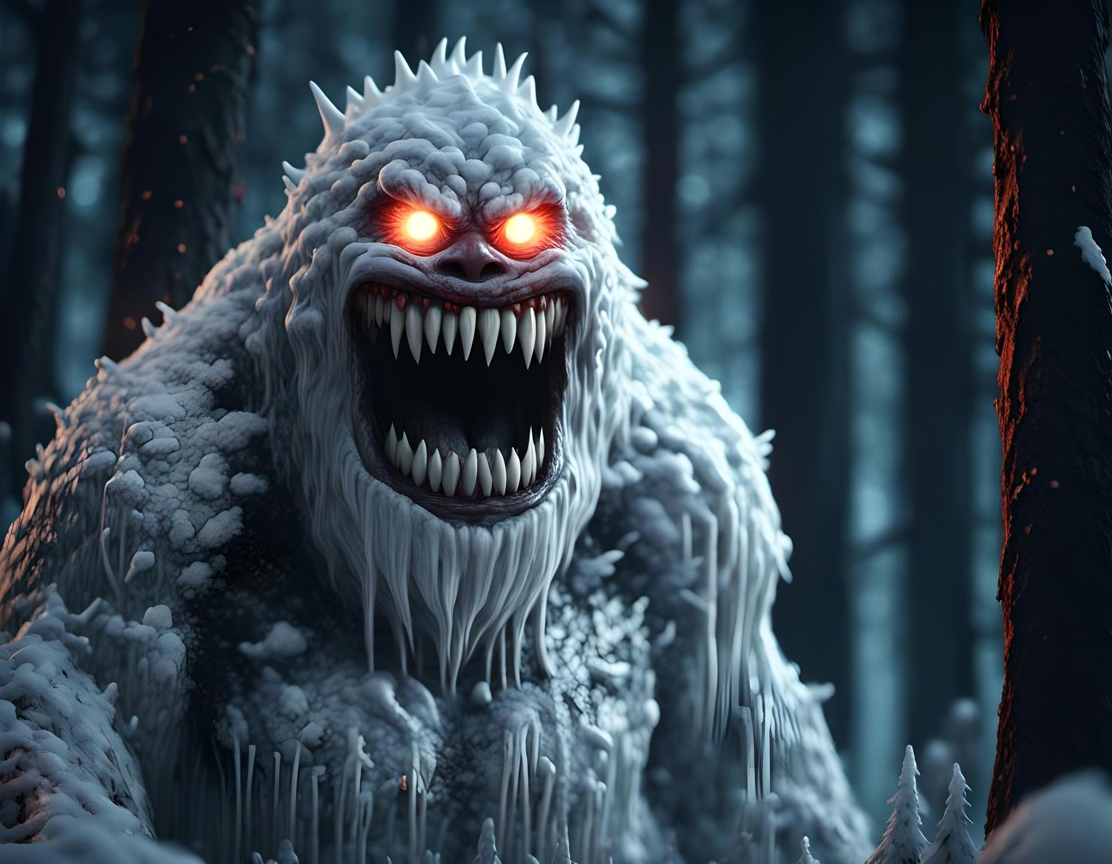 Terrifying Snow Monster in Ominous Forest