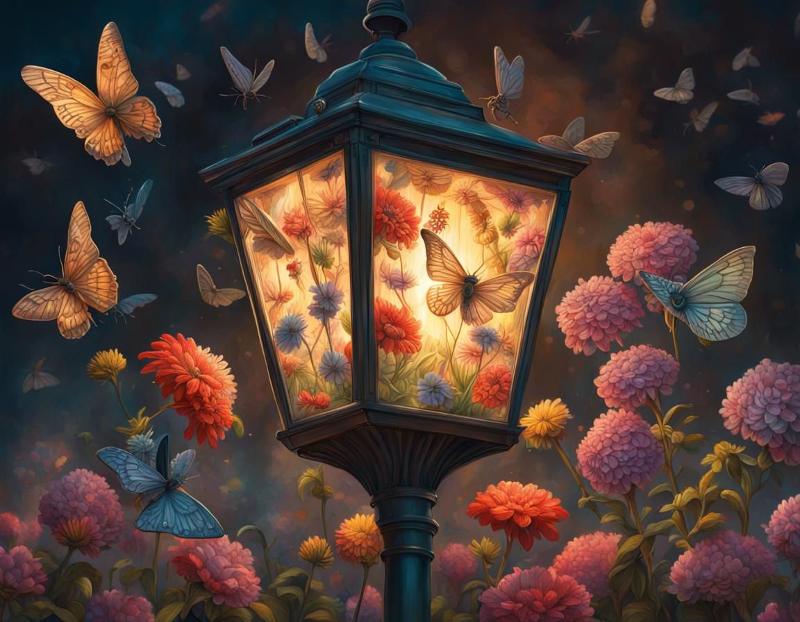 Moths Dance in Illuminated Garden: Hyperrealistic Splash Art