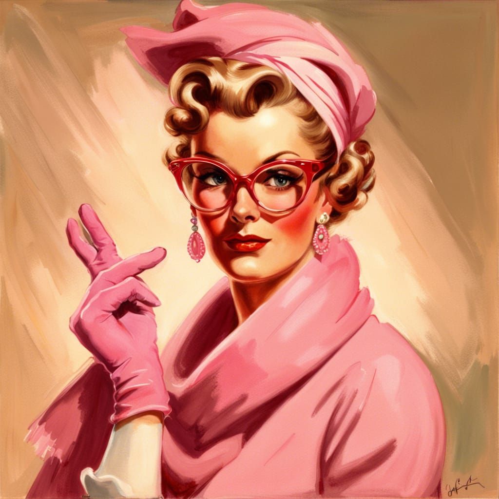 Elegant Woman with Pink Glasses in Pin-Up Style