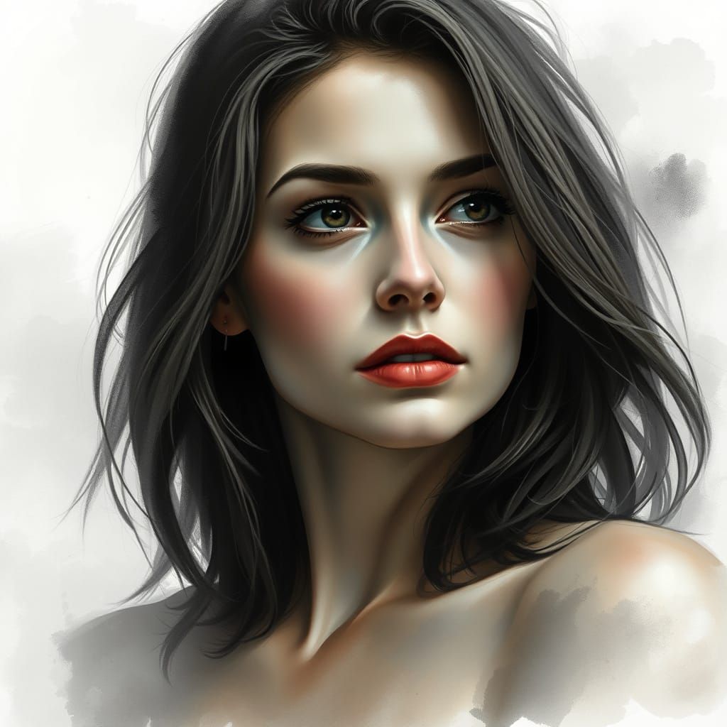 Monochromatic Watercolor Portrait with Dramatic Lighting