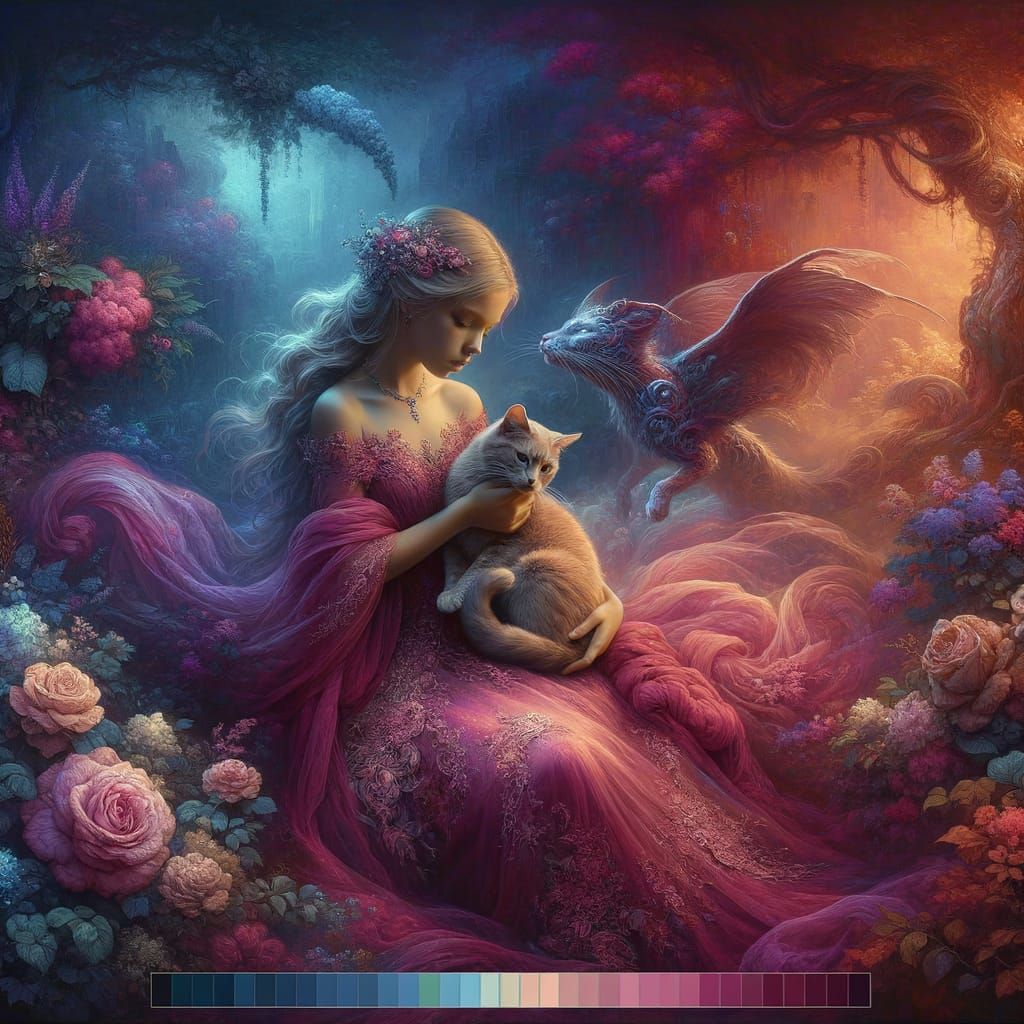 Fantastical Girl and Cat in Whimsical Pink Gown