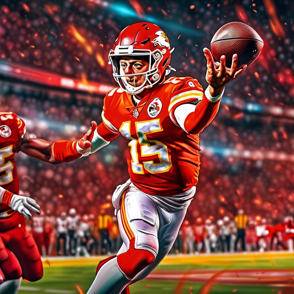 Patrick Mahomes Endzone Throw: Hyperrealistic Splash Art