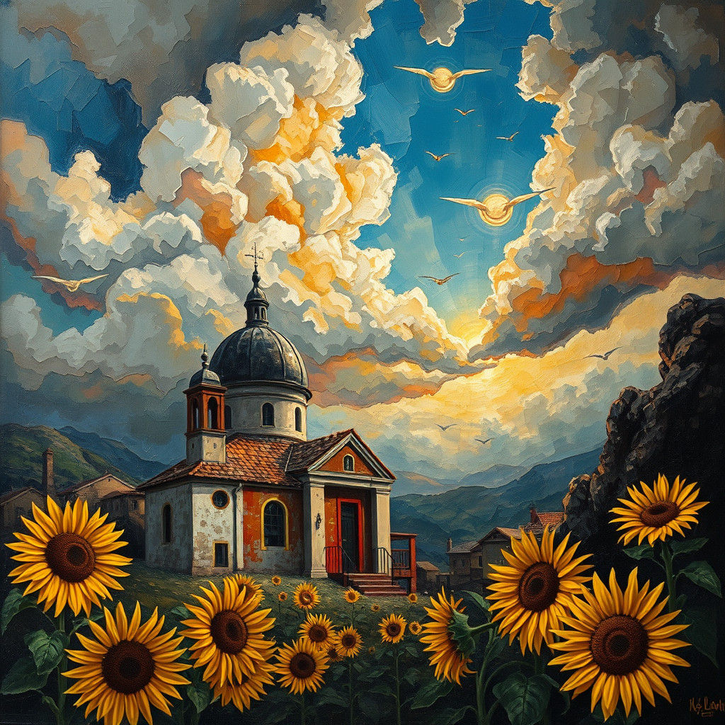 Surreal Clouds Over Palekh Architecture in Impasto Style