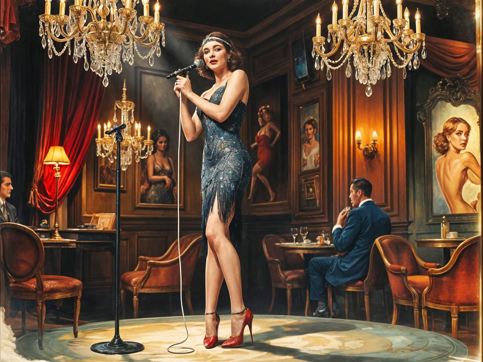 Flapper Singer in 1920s Nightclub, Pin-Up Art