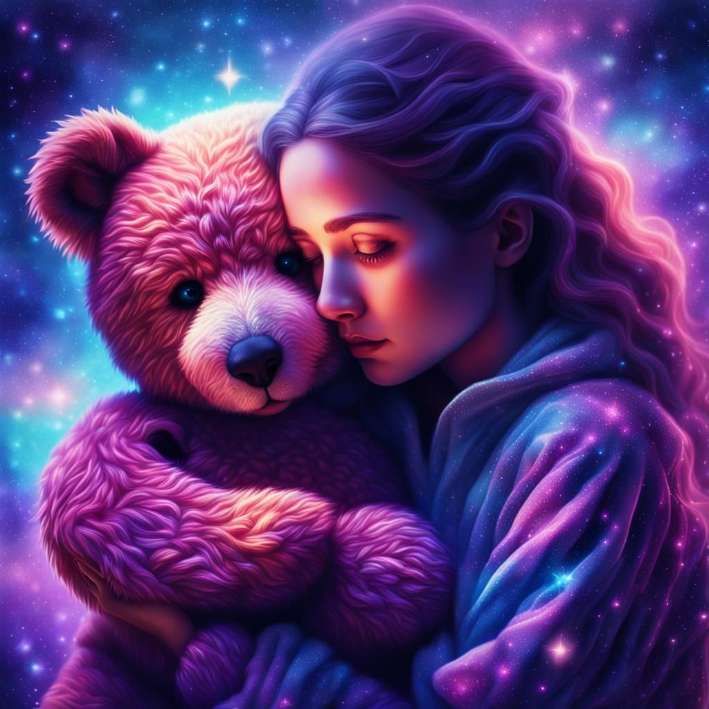Surreal Cosmic Horror: Woman, Teddy Bear, Astral Glow