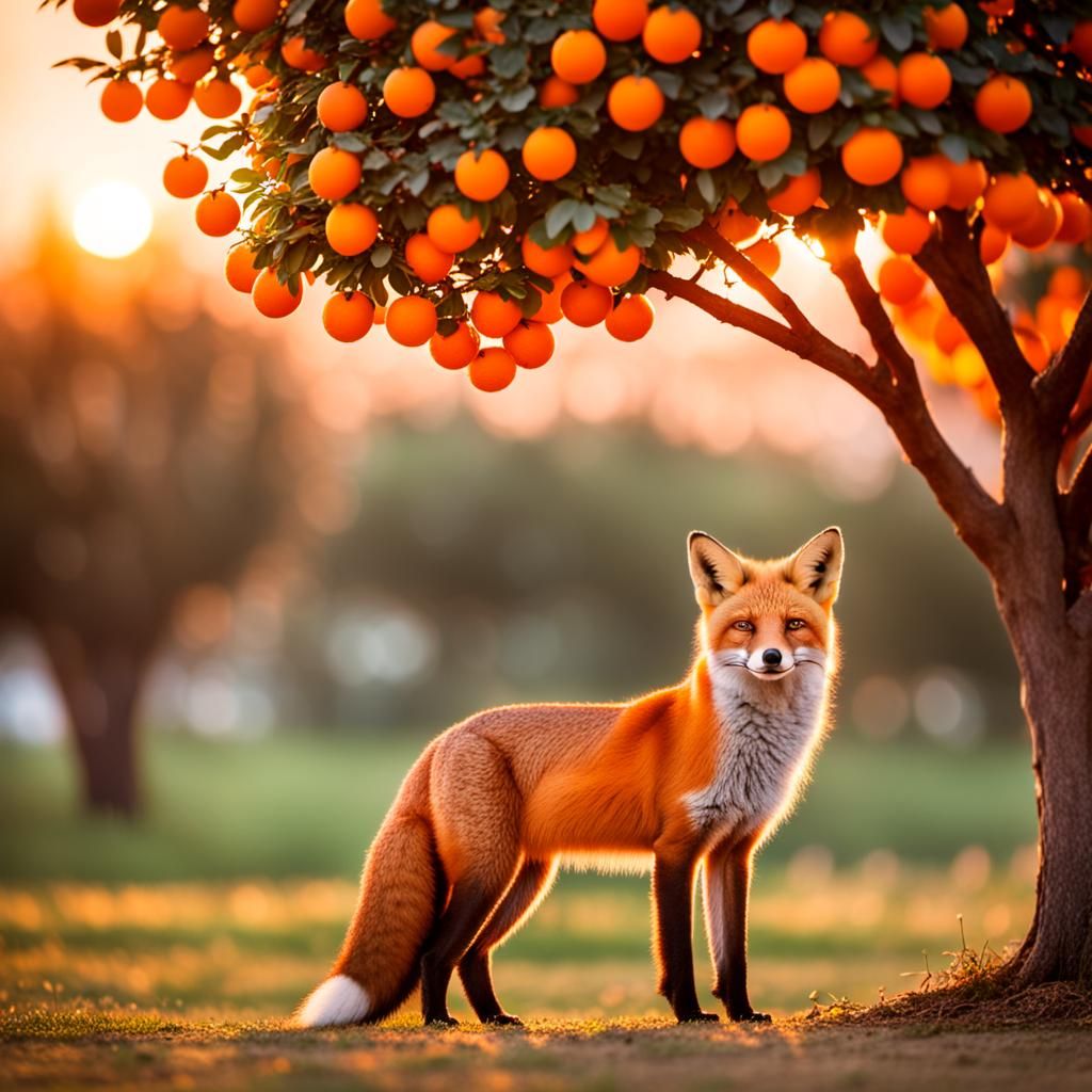 Fox and Orange Tree at Sunset