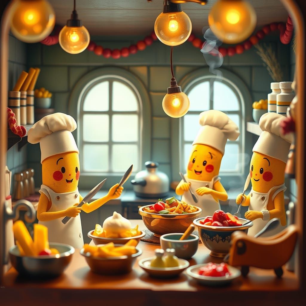Whimsical French Fry Chefs in Enchanted Coffeehouse
