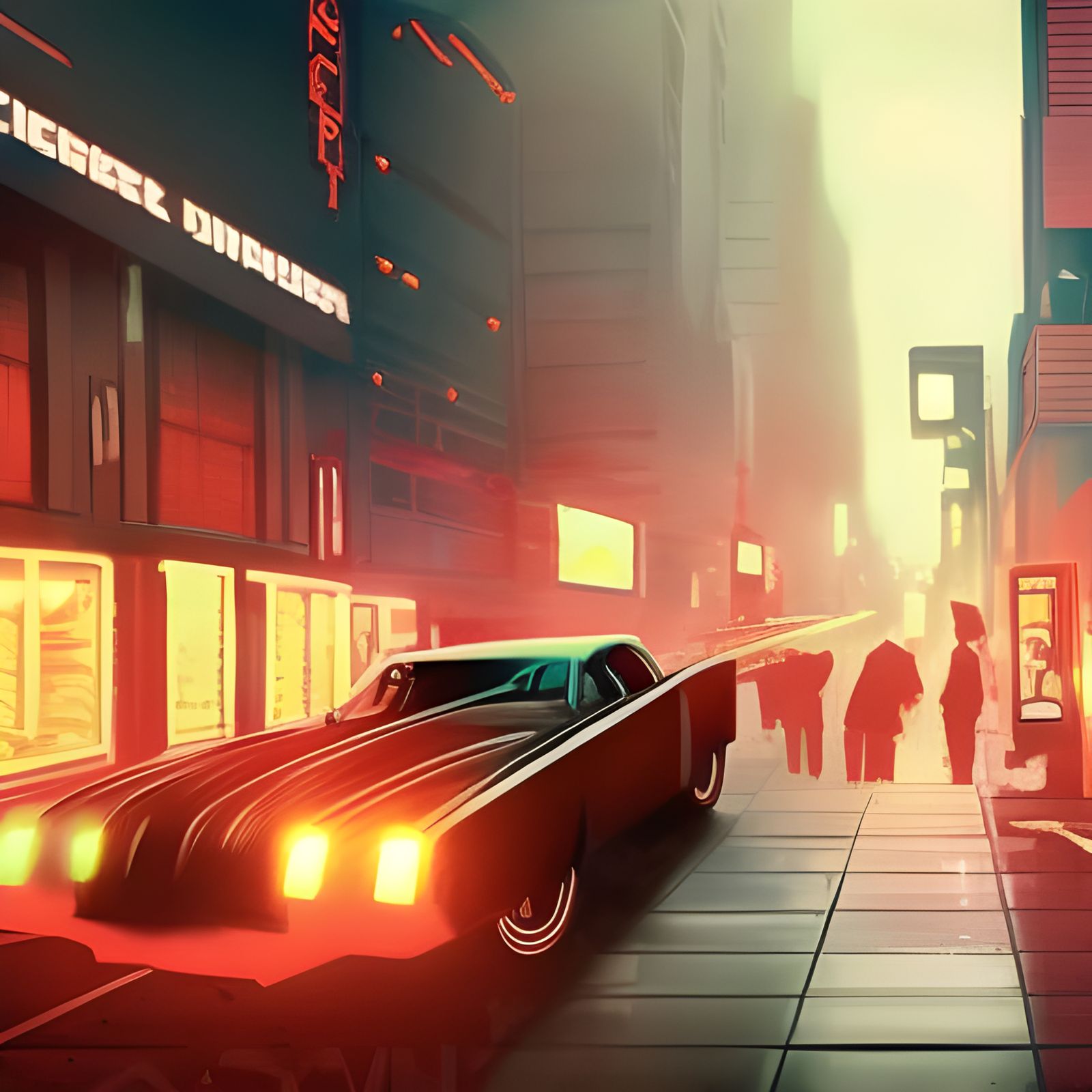 Neon Art Deco Cityscape with Flying Cars