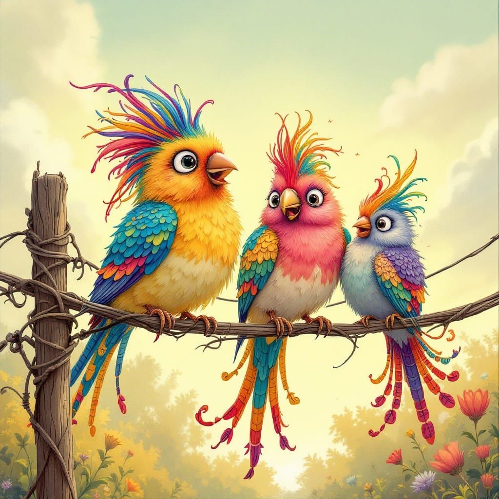 Colorful Birds Dancing on Telephone Wire in Vibrant Whimsy