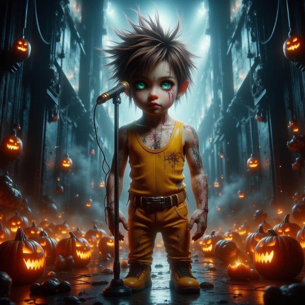 Teen Singer in Yellow Leather on Smoky Halloween Stage