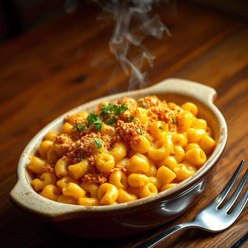Warm Golden-Brown Mac and Cheese in Rustic Ceramic Dish