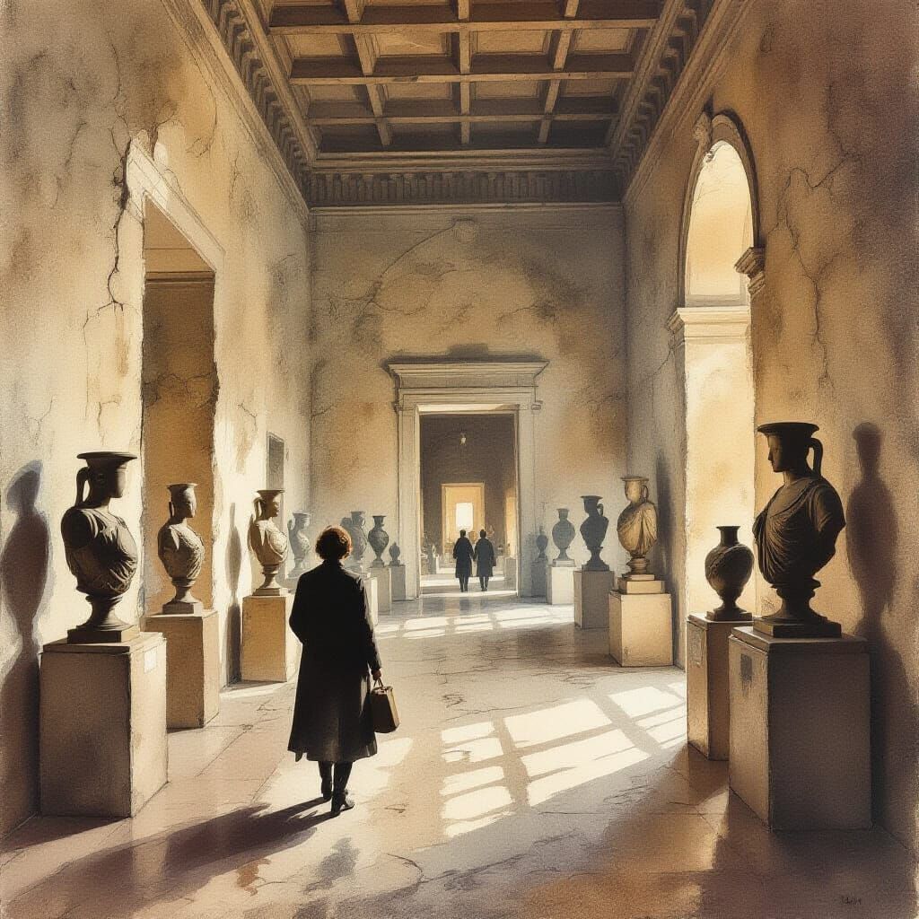 Vintage Watercolor Museum Hall with Ancient Artifacts