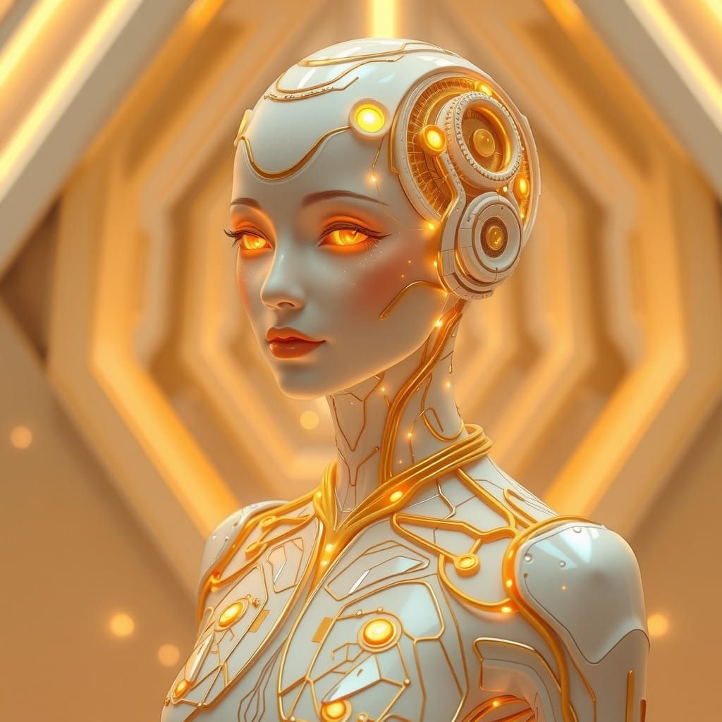 Futuristic Lady with Glowing Golden Circuits