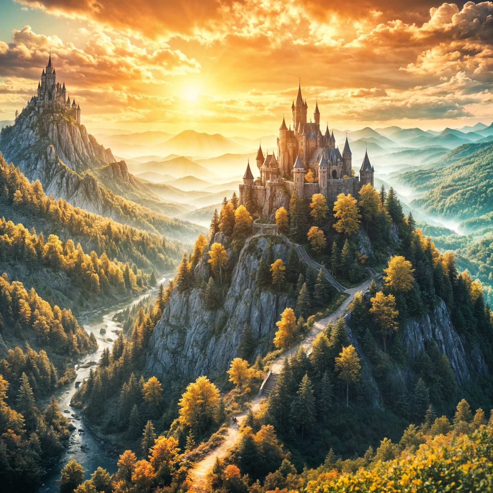 Epic Medieval Kingdom on Mountain at Sunset