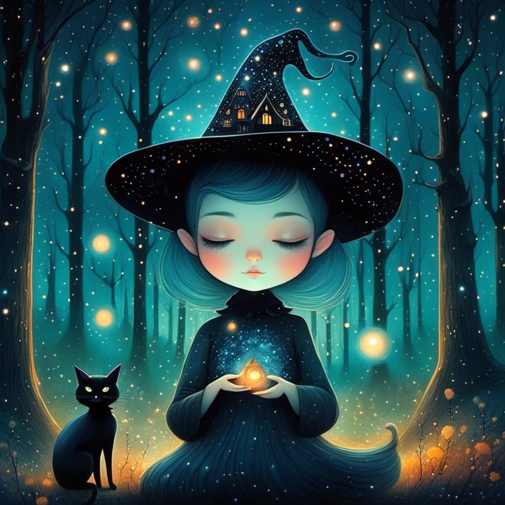 Whimsical Witch and Cat Stargazing in Starry Forest