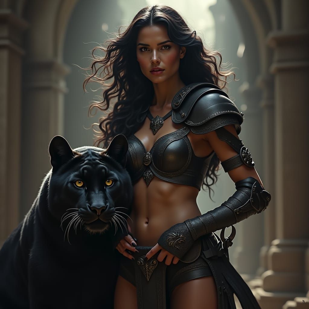 Warrior Princess and Panther in Shadows, Digital Art