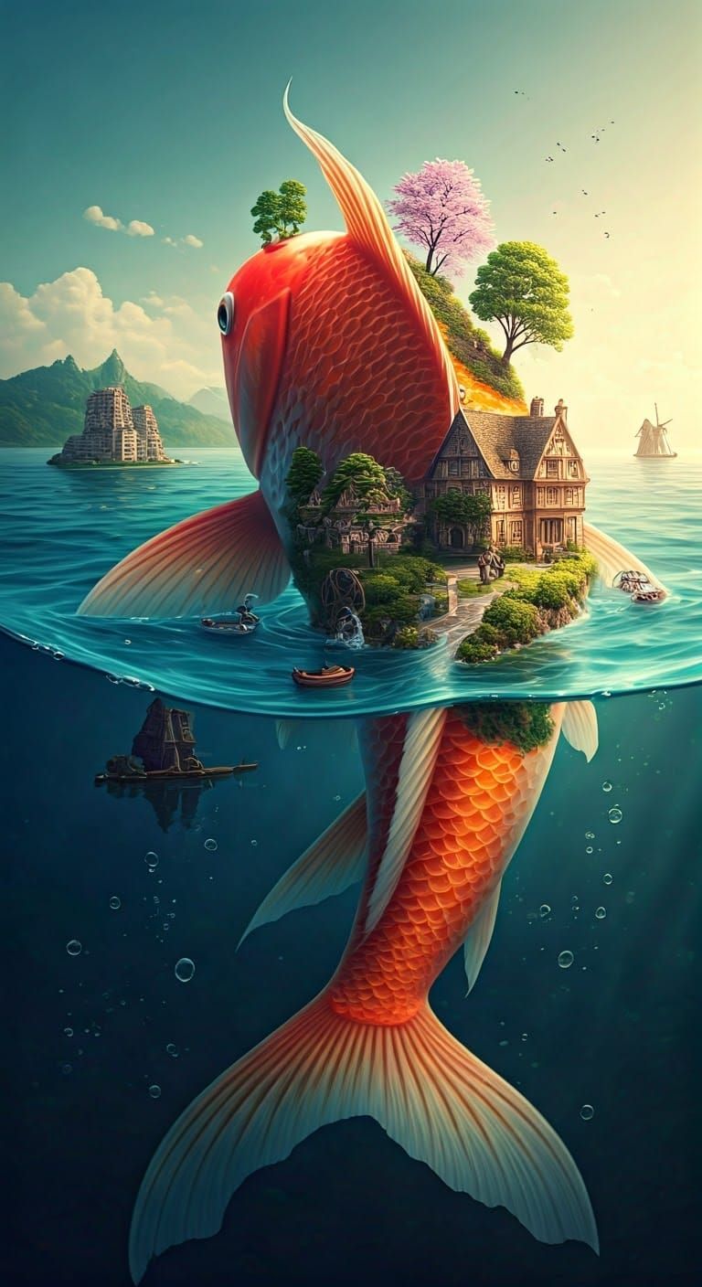 Surreal Koi Fish Landscape in Cyberpunk Style